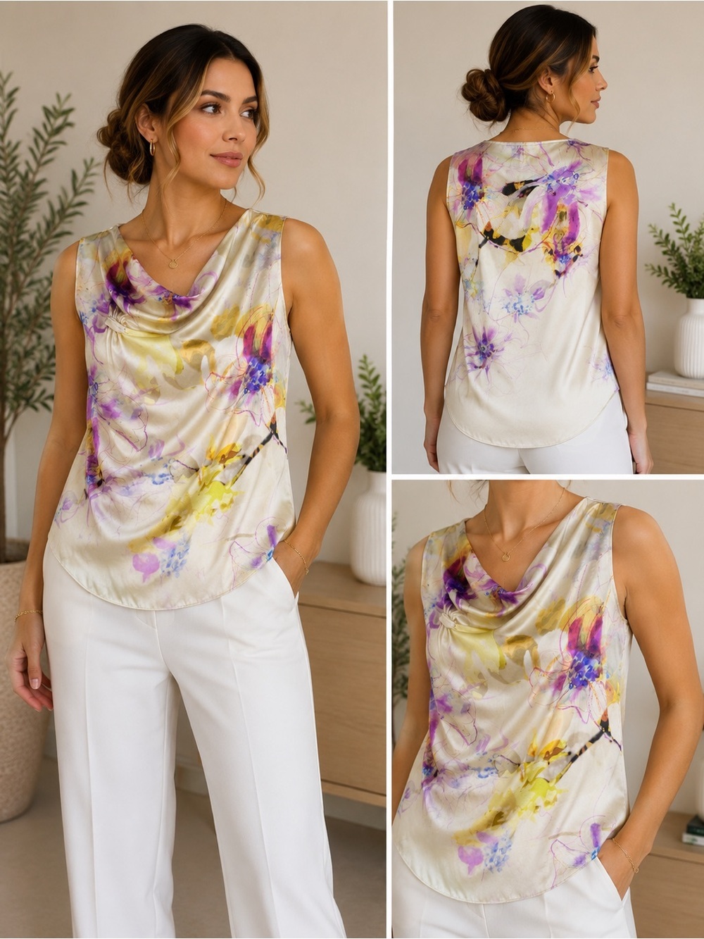 Elie Tahari Silk Floral Sleeveless Blouse Size S | Drape Neck 93% Silk